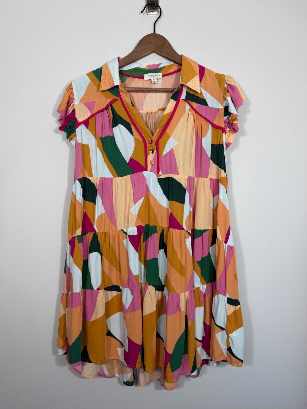Umgee Plus 1XL Colorful Abstract Tiered Babydoll Mini Dress Ruffle Sleeve